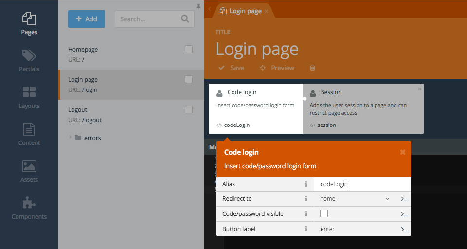 Screenshot of Login page with Session and Code login form