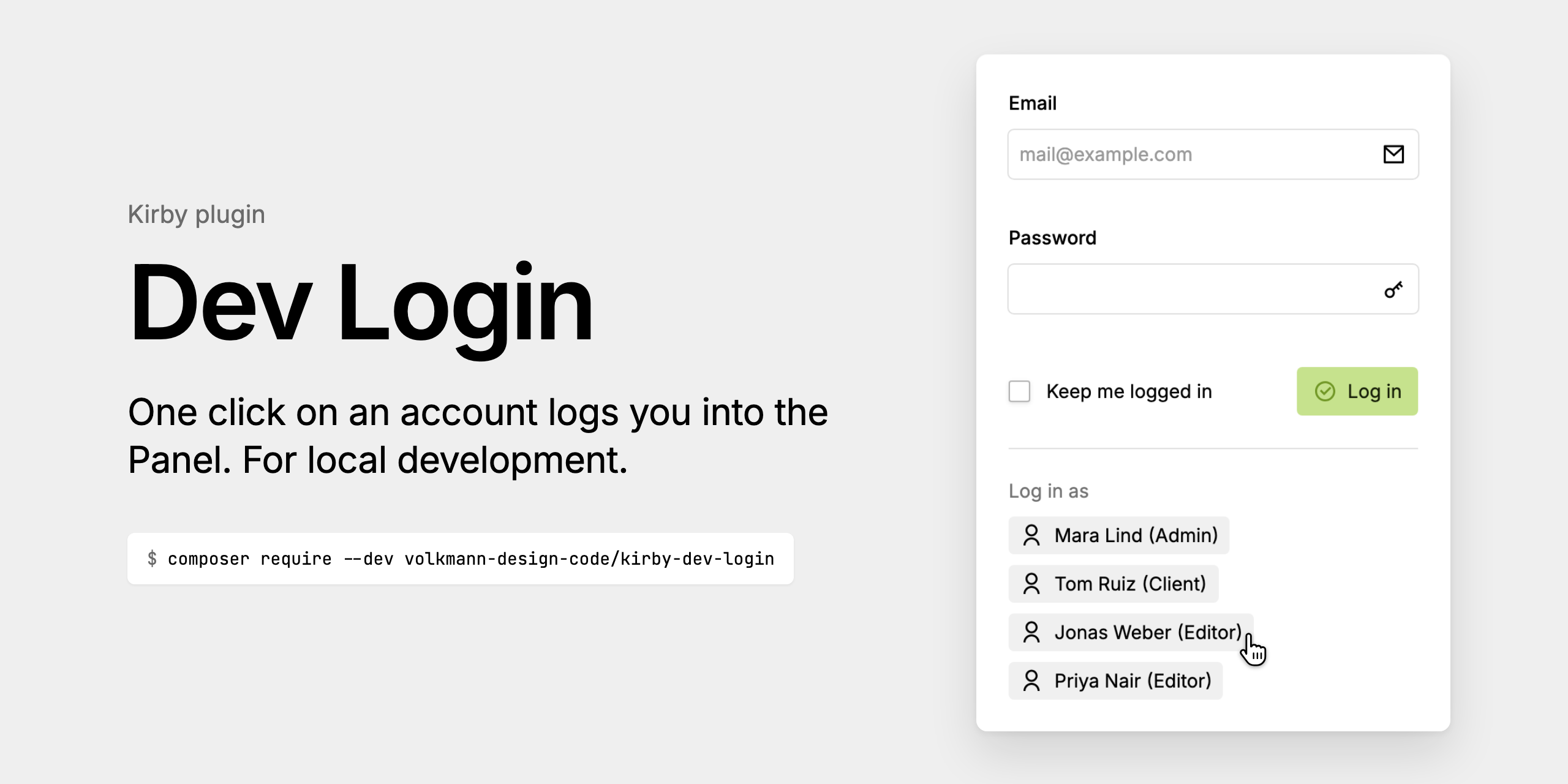 The Panel's login form with a button per account below it: Mara Lind (Admin), Tom Ruiz (Client), Jonas Weber (Editor), Priya Nair (Editor)