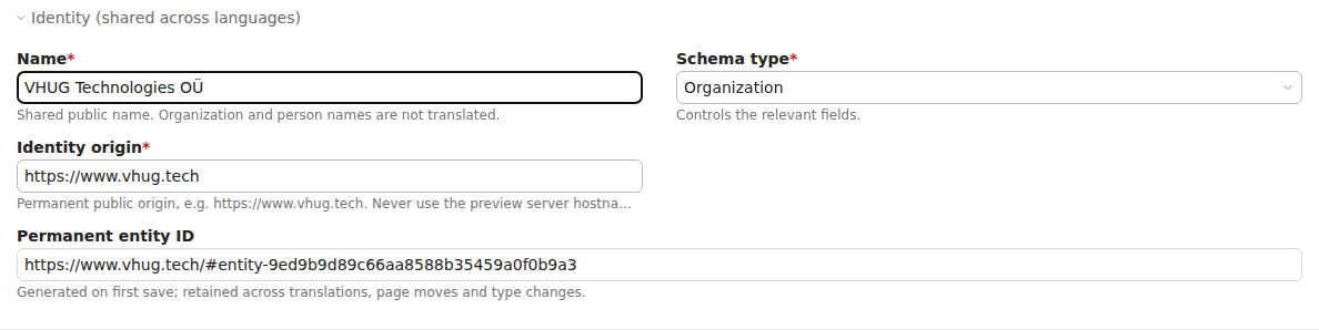 Company identity settings with a shared name, production origin and generated permanent ID