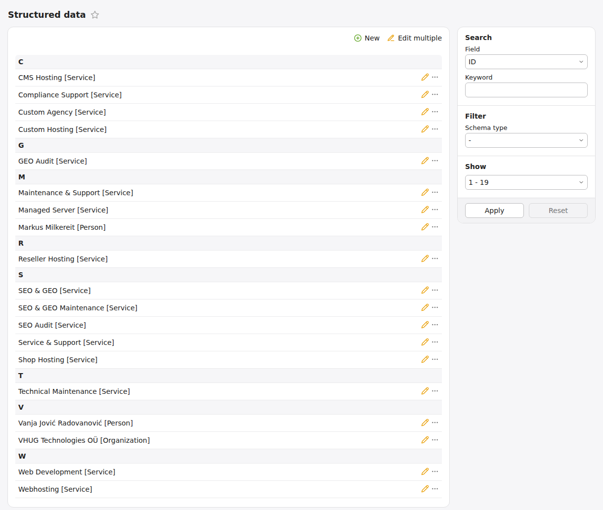 Structured data overview with company, people, hosting and maintenance services