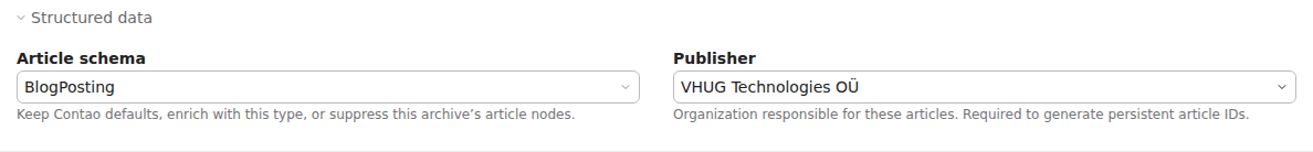 News archive configured for BlogPosting with the company as publisher