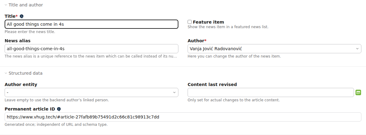 News editor with its regular title and author plus optional schema author and revision fields