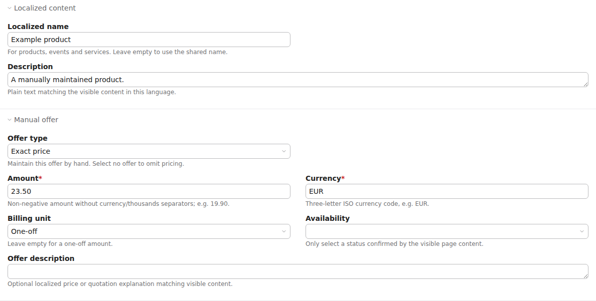 Localized product text and manual offer fields