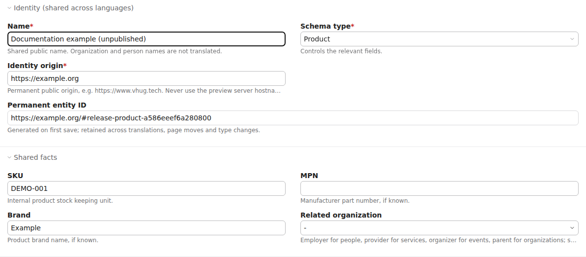 Manually maintained Product identity, SKU, MPN and brand