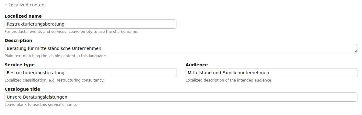Localized service classification, audience and catalogue title