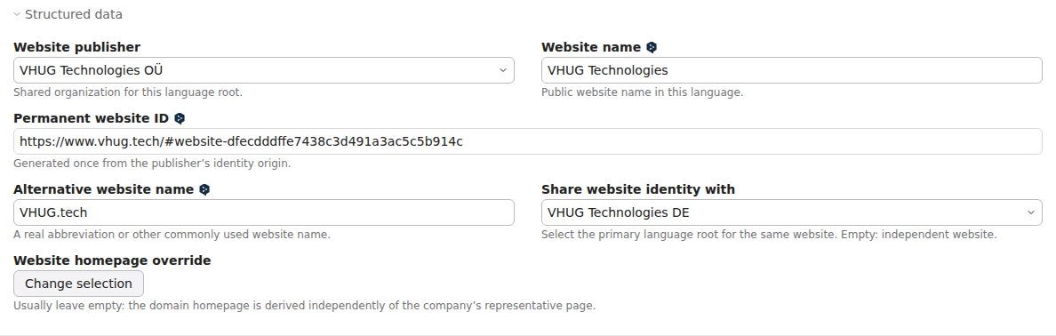 Language-root settings: publisher, website name and sharing the website identity with the German root