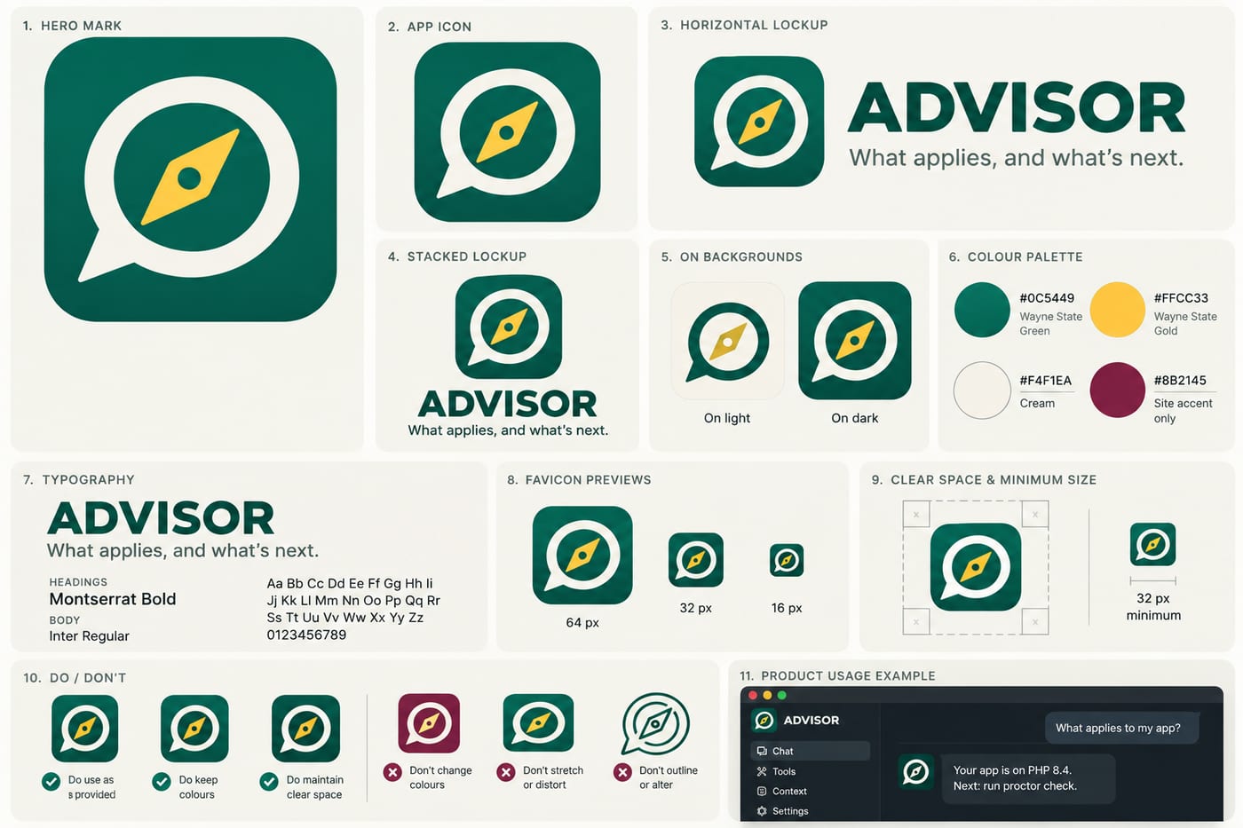 ADVISOR's brand board: the speech-bubble-and-compass mark on a Wayne State green tile, the app icon, horizontal and stacked lockups reading 'What applies, and what's next.', the mark on light and dark, the palette of green, gold, cream and a maroon site accent, Montserrat and Inter type, favicons at 64, 32 and 16 px, clear space, do and don't, and a chat-client mockup.