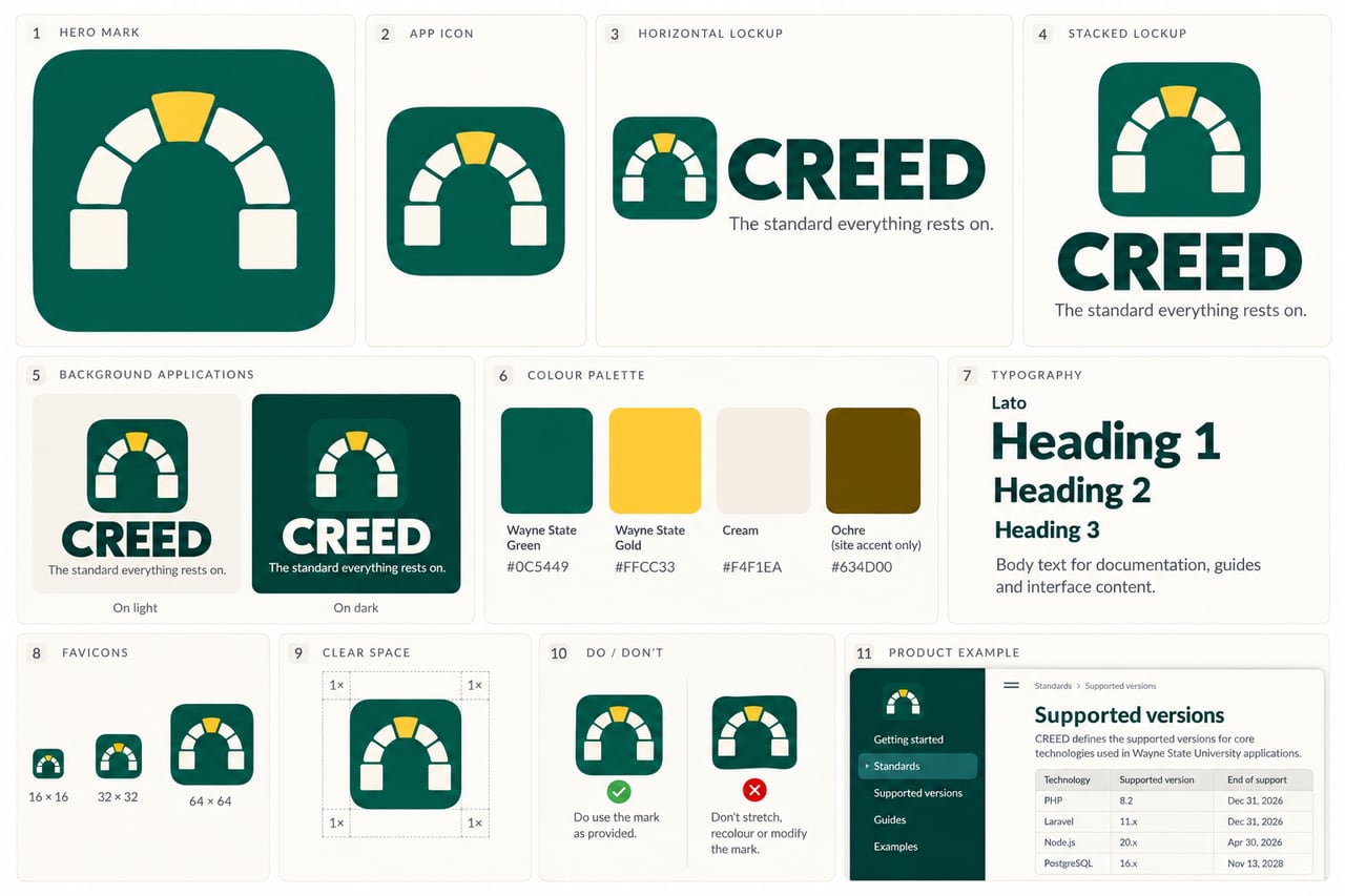 CREED's brand board: the stone arch mark with its gold keystone, lockups, the palette and the type.