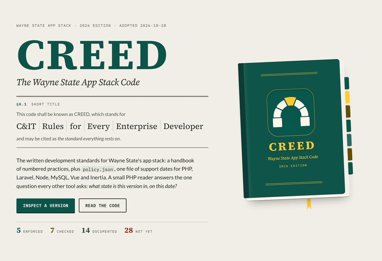 CREED's front page: the title page of the Wayne State App Stack Code, 2026 edition, with clause §0.1 spelling out the name, and a green cloth-bound book stamped with CREED's keystone arch mark.