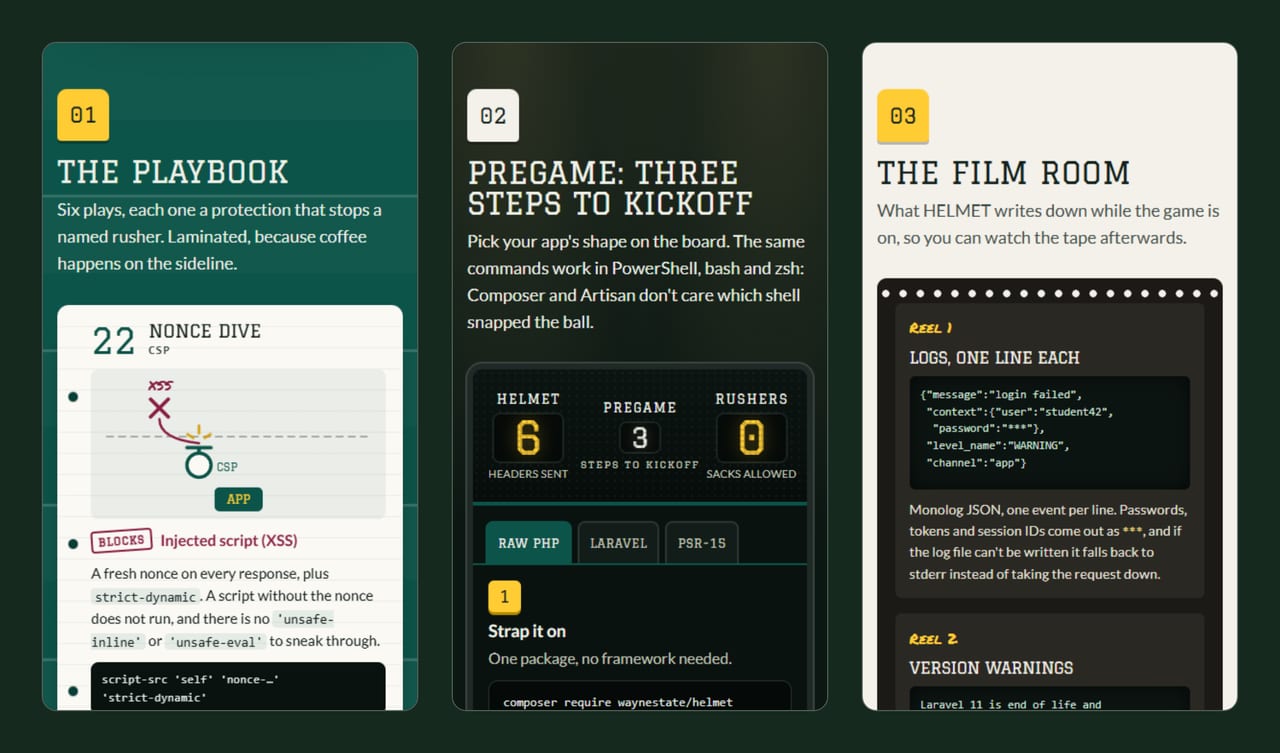 Three phone cuts of the front page: 01 The playbook, six plays that each stop a named rusher, with play 22 Nonce Dive blocking an injected script; 02 Pregame: three steps to kickoff, with the scoreboard and the Raw PHP, Laravel and PSR-15 tabs; and 03 The film room, where HELMET's one-line JSON logs and version warnings are kept.