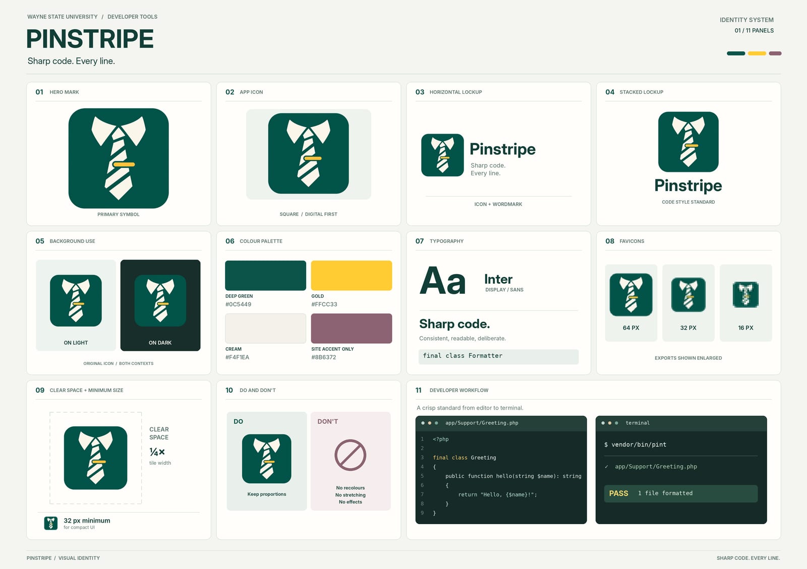 Pinstripe's brand board: the necktie mark in its green and gold, the pinstripe cloth, and the type and colours it is cut from.