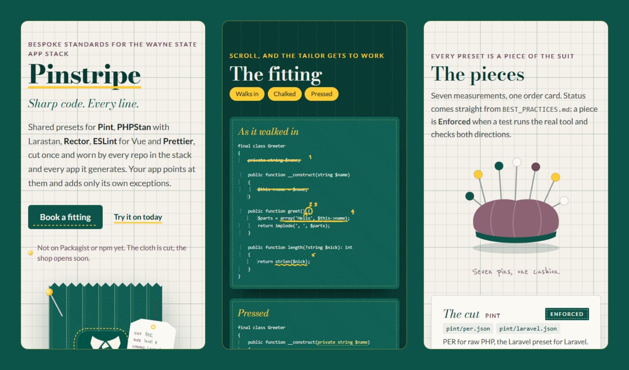Three phone-width crops of Pinstripe's front page: the hero with the pinstripe swatch and hang tag, the fitting where messy PHP is chalked, and the pieces with the pincushion.