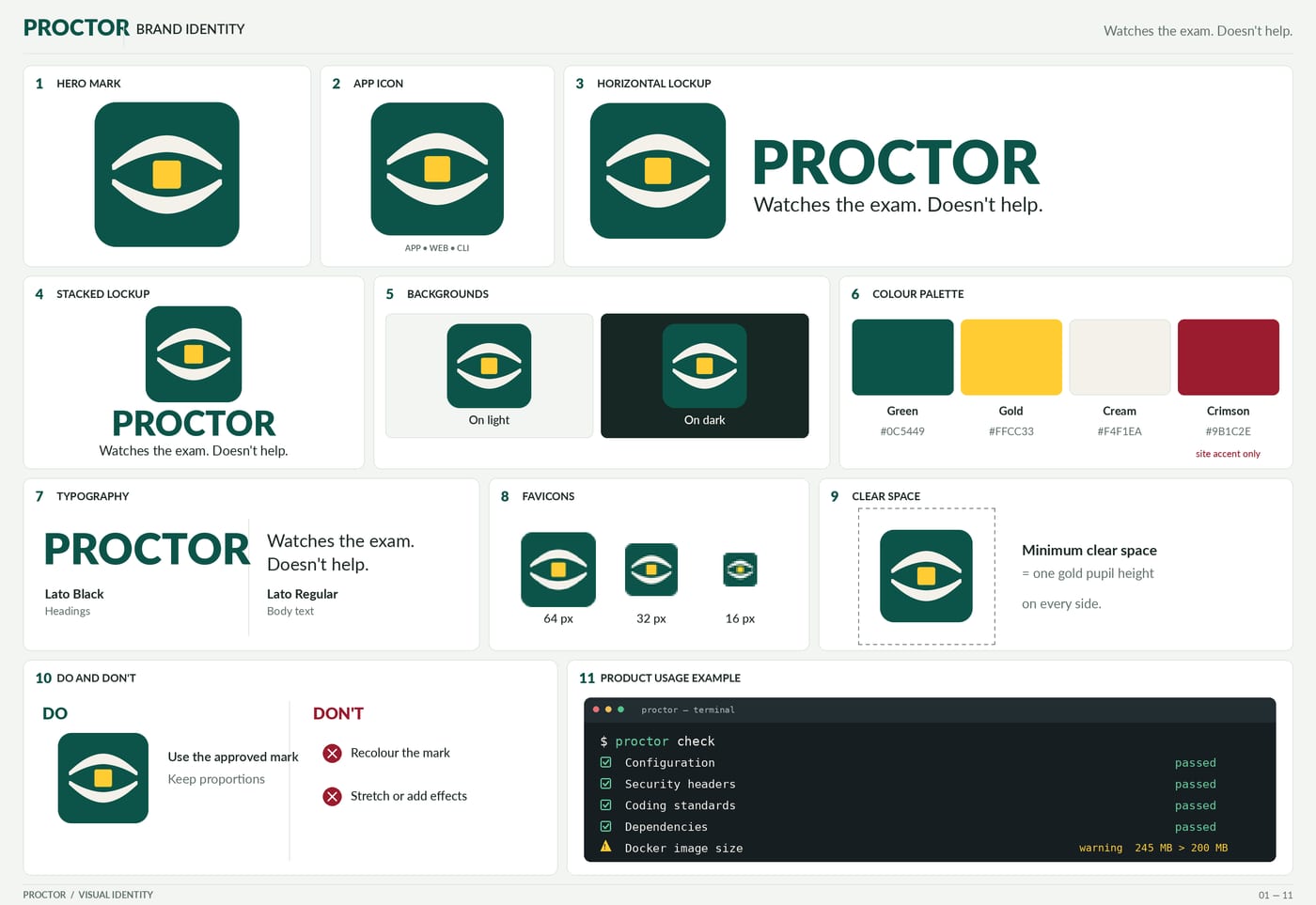 PROCTOR's brand board: the eye mark on a green tile, horizontal and stacked lockups, the palette of Wayne State green, gold, cream and the red pen, and the type.