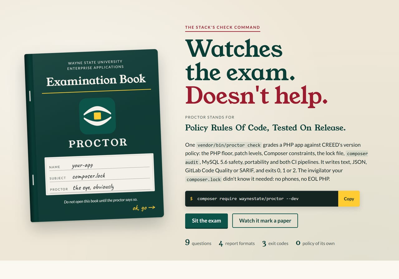 PROCTOR's front page: a green examination book sealed with PROCTOR's eye mark, beside the headline 'Watches the exam. Doesn't help.'