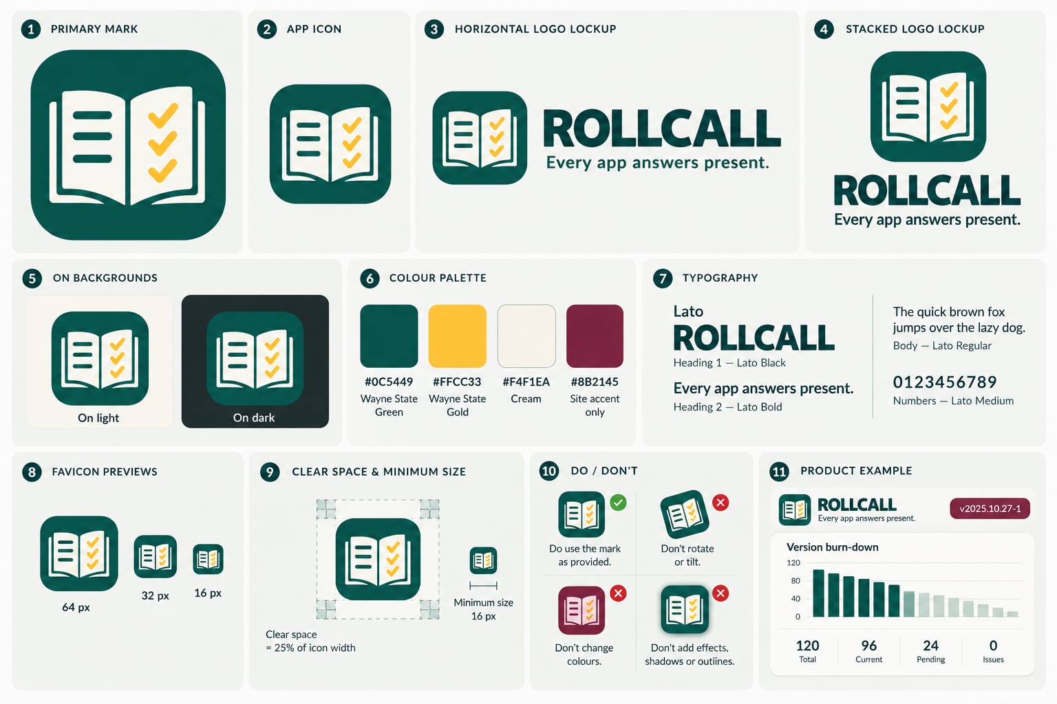 ROLLCALL's brand board: the open roll-book mark with a gold tick on a green tile, lockups, the green, gold and cream palette, type, favicons, and do and don't panels.