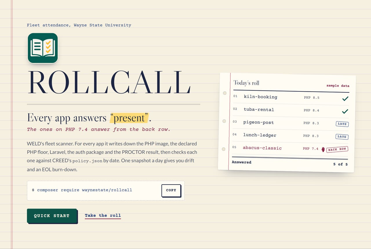 ROLLCALL's front page: the headline 'Every app answers present.' beside a sheet of ruled register paper listing sample apps, each marked present, late or back row, over the green roll-book mark.