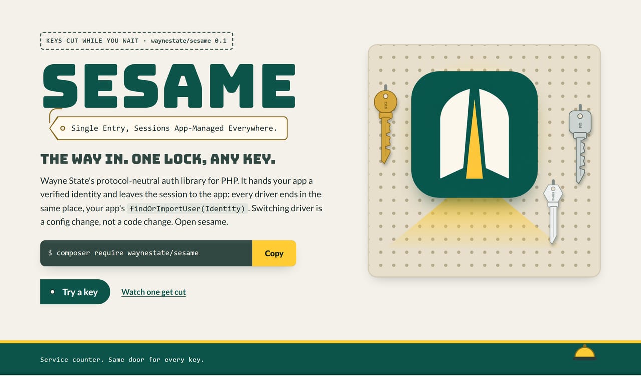 SESAME's front page: the headline 'The way in. One lock, any key.' and the composer require command beside a pegboard where cas, gateway and SAML keys hang around SESAME's open-door mark, over a green service counter that reads 'Same door for every key.'