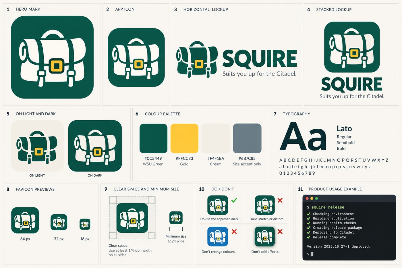 SQUIRE's brand board: the satchel mark, lockups, the green, gold and cream palette, type, favicons, and do and don't panels.