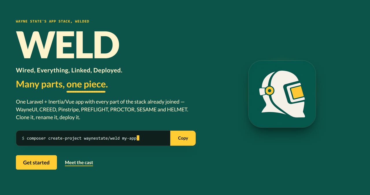 WELD's front page: the headline WELD, 'Wired, Everything, Linked, Deployed. Many parts, one piece.', the composer create-project command, and the welder's-helmet mark on a green tile.