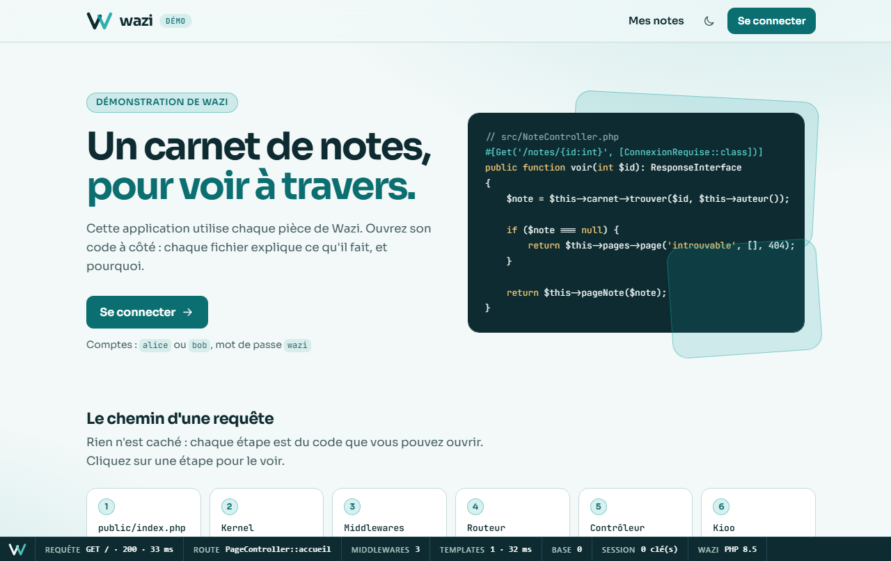 L'application de démonstration de Wazi : un carnet de notes, avec en bas de page la barre de débogage qui montre la route, les templates et les requêtes de la page.