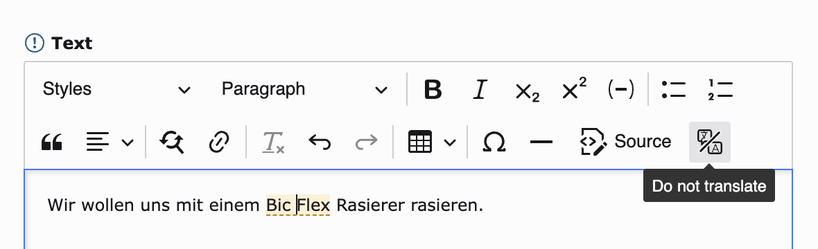 The words Bic Flex marked in the rich text editor, with the Do not translate button active