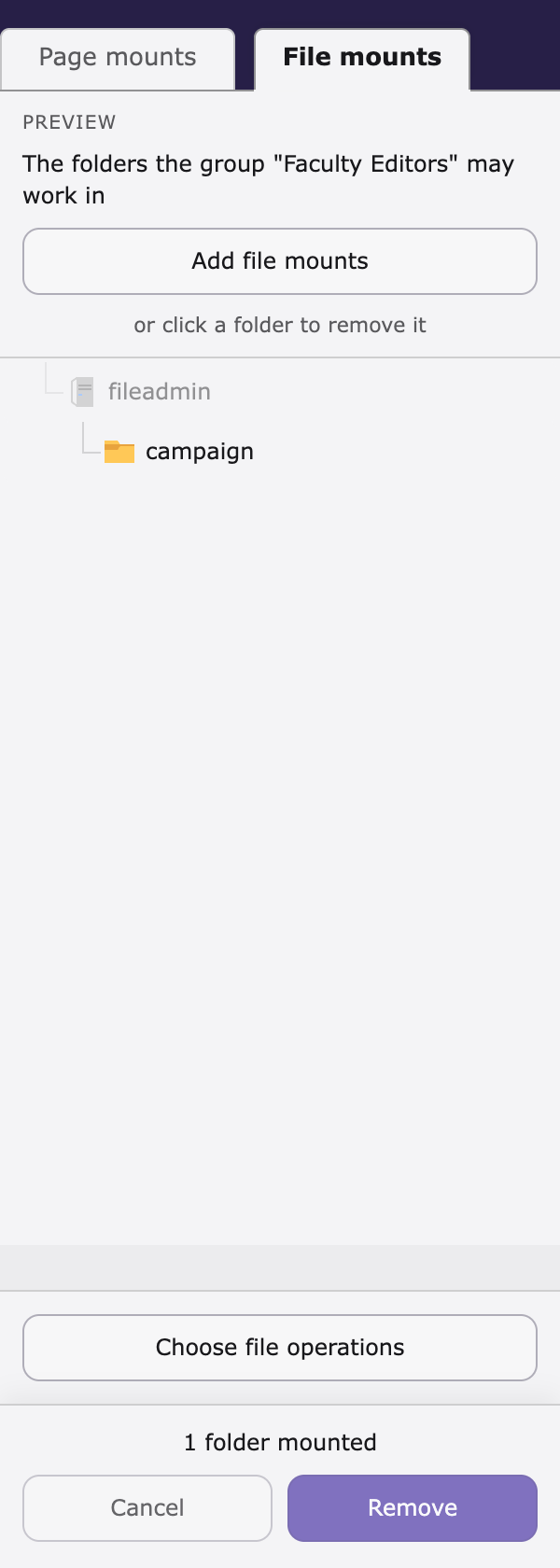 The folders the group may work in, and the button to choose its file operations
