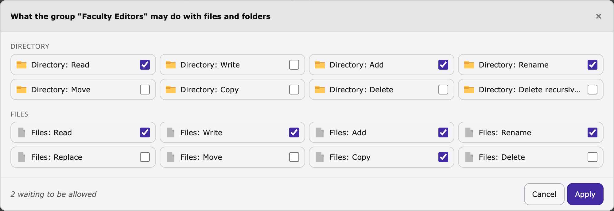 The file operations of a group, two of them ticked and waiting to be allowed