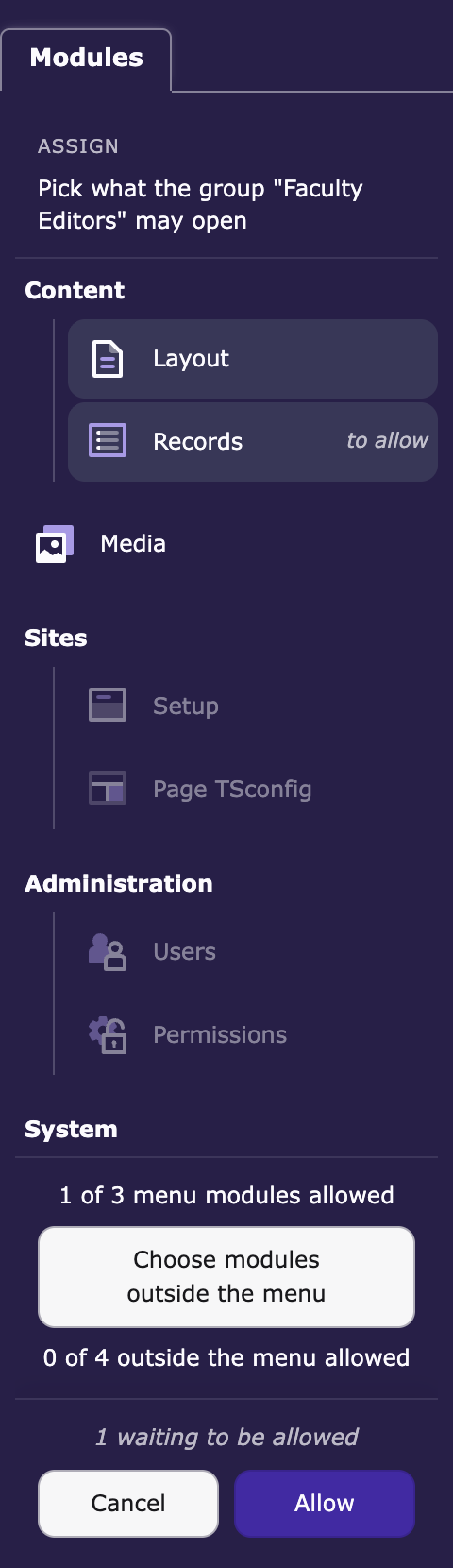 The module menu with one more module marked to allow