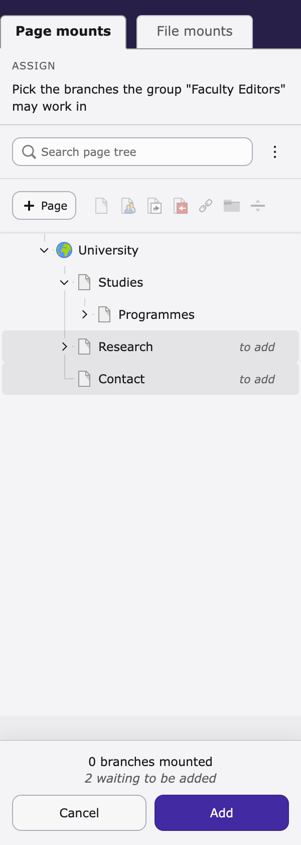 Two pages marked to add as mounts in the page tree