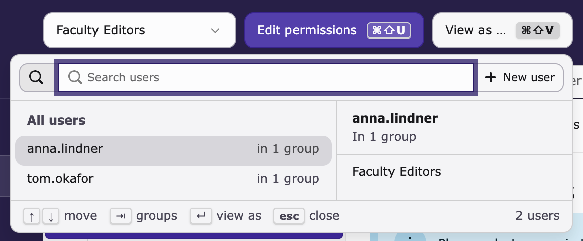 The list of users to view the backend as