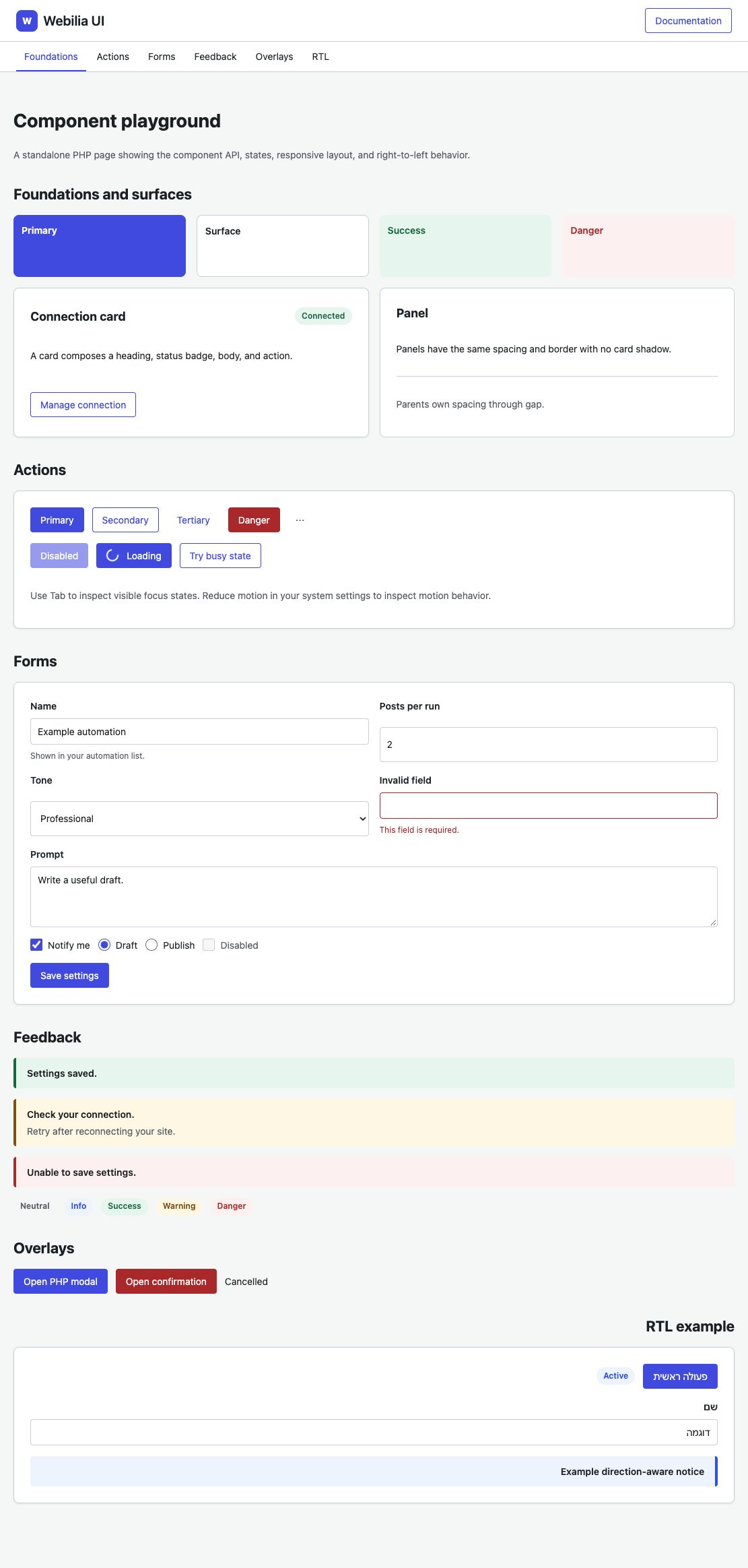 Webilia UI playground showing the header, cards, and actions