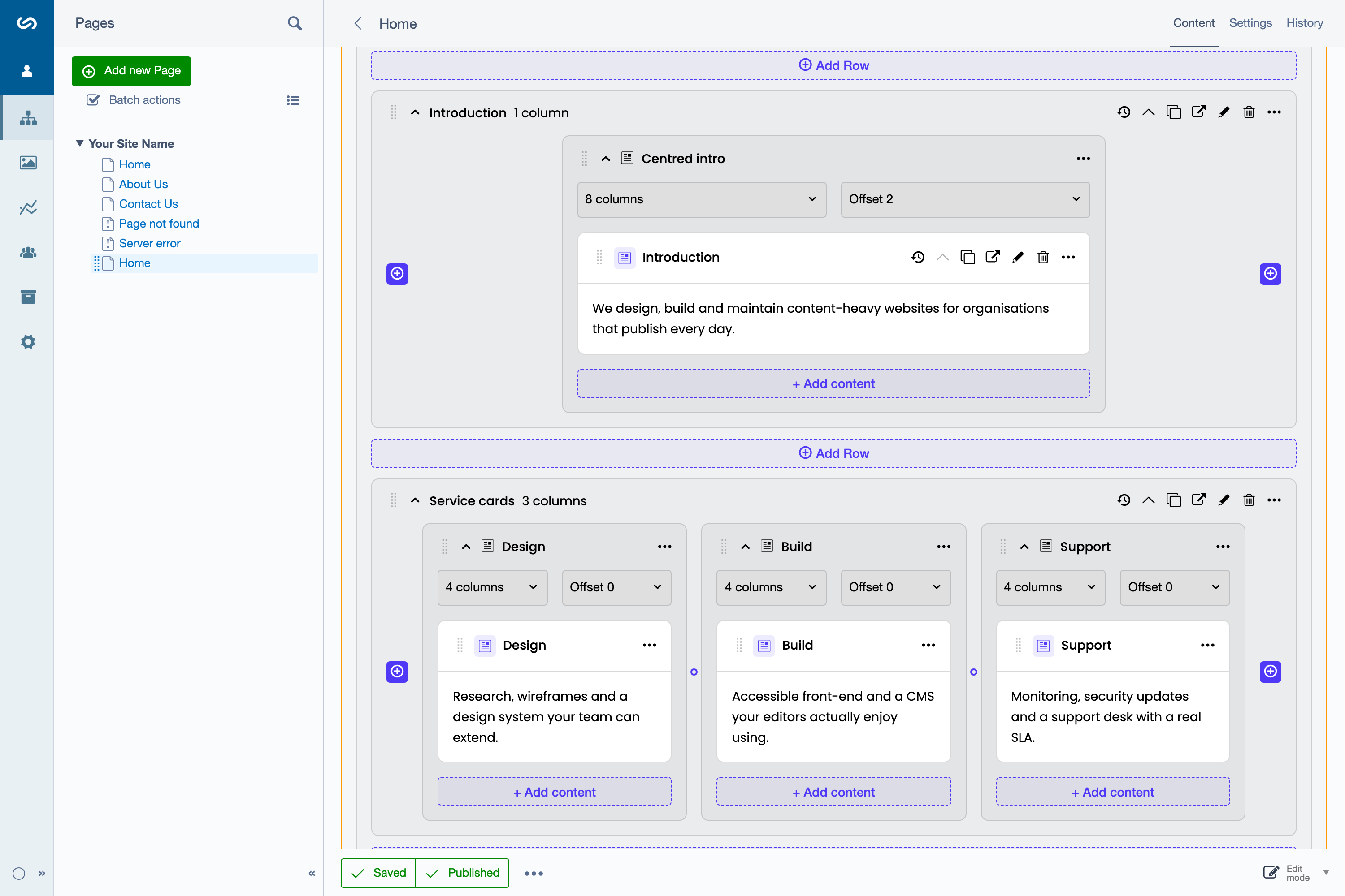 The grid editor on the Content tab of the SilverStripe page edit form, replacing the usual single HTML content field