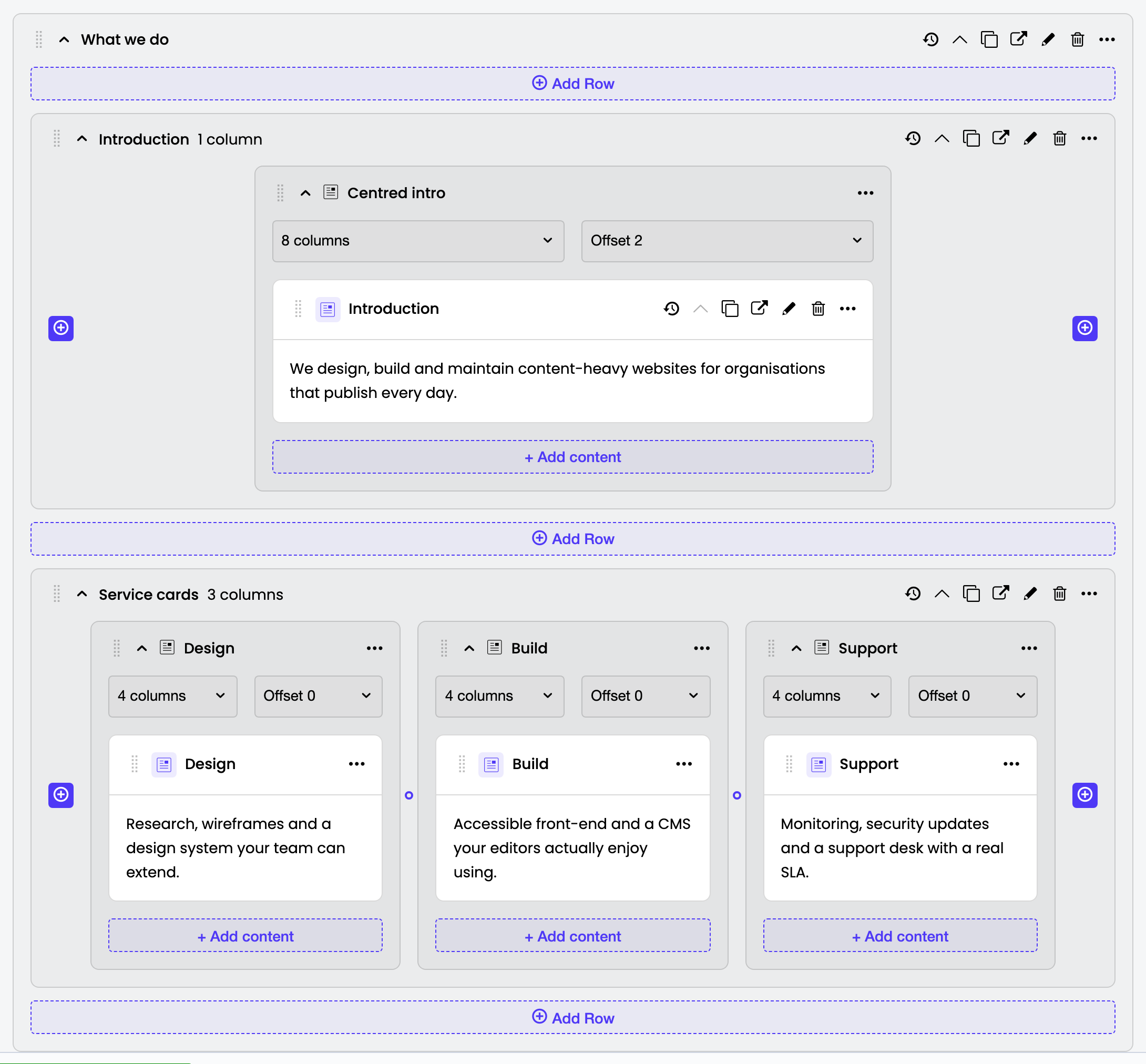 A section containing two rows: a centred 8-of-12 intro column, then a row of three 4-column cards, each column showing its width and offset picker