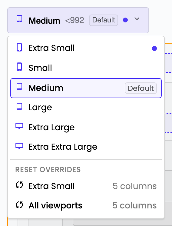 The viewport picker listing six Bootstrap viewports, marking the default, and offering to reset overrides per viewport or across all of them