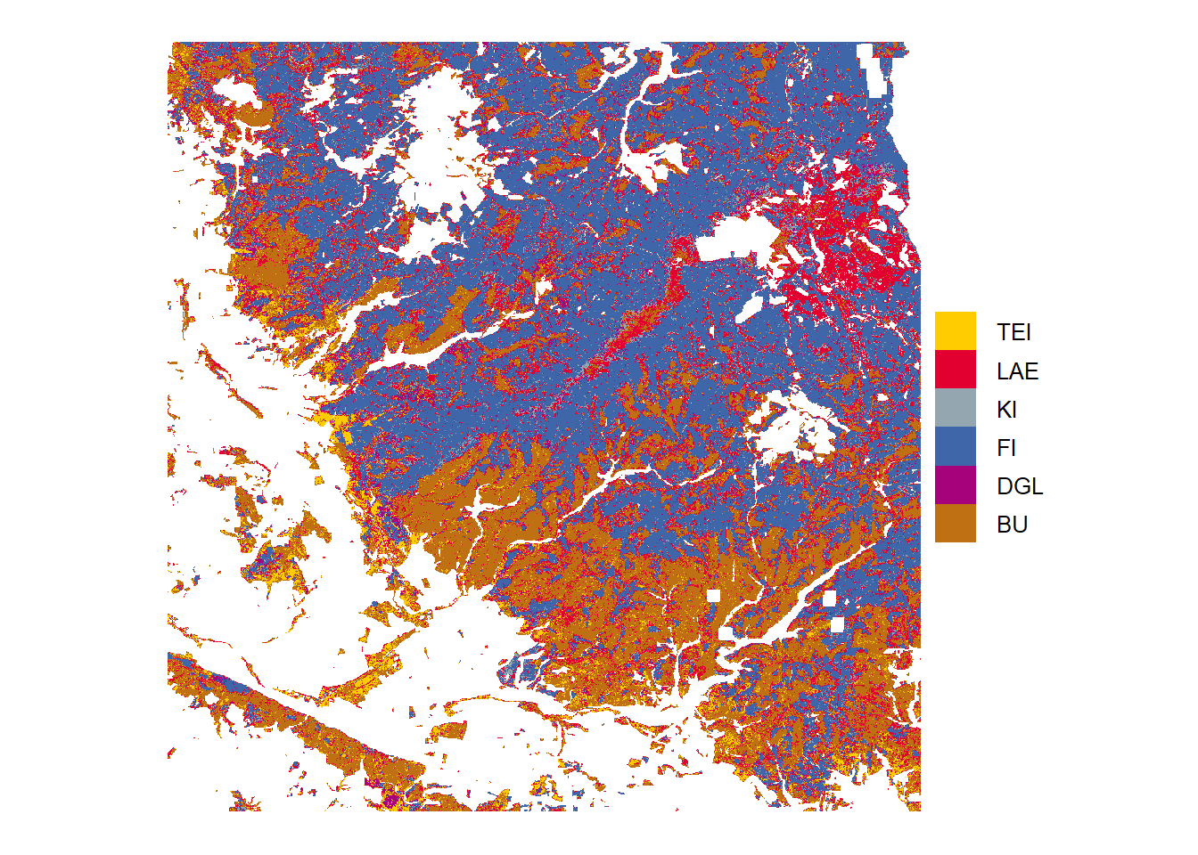 Tree species predictions from highest probabilities in the study area Harz