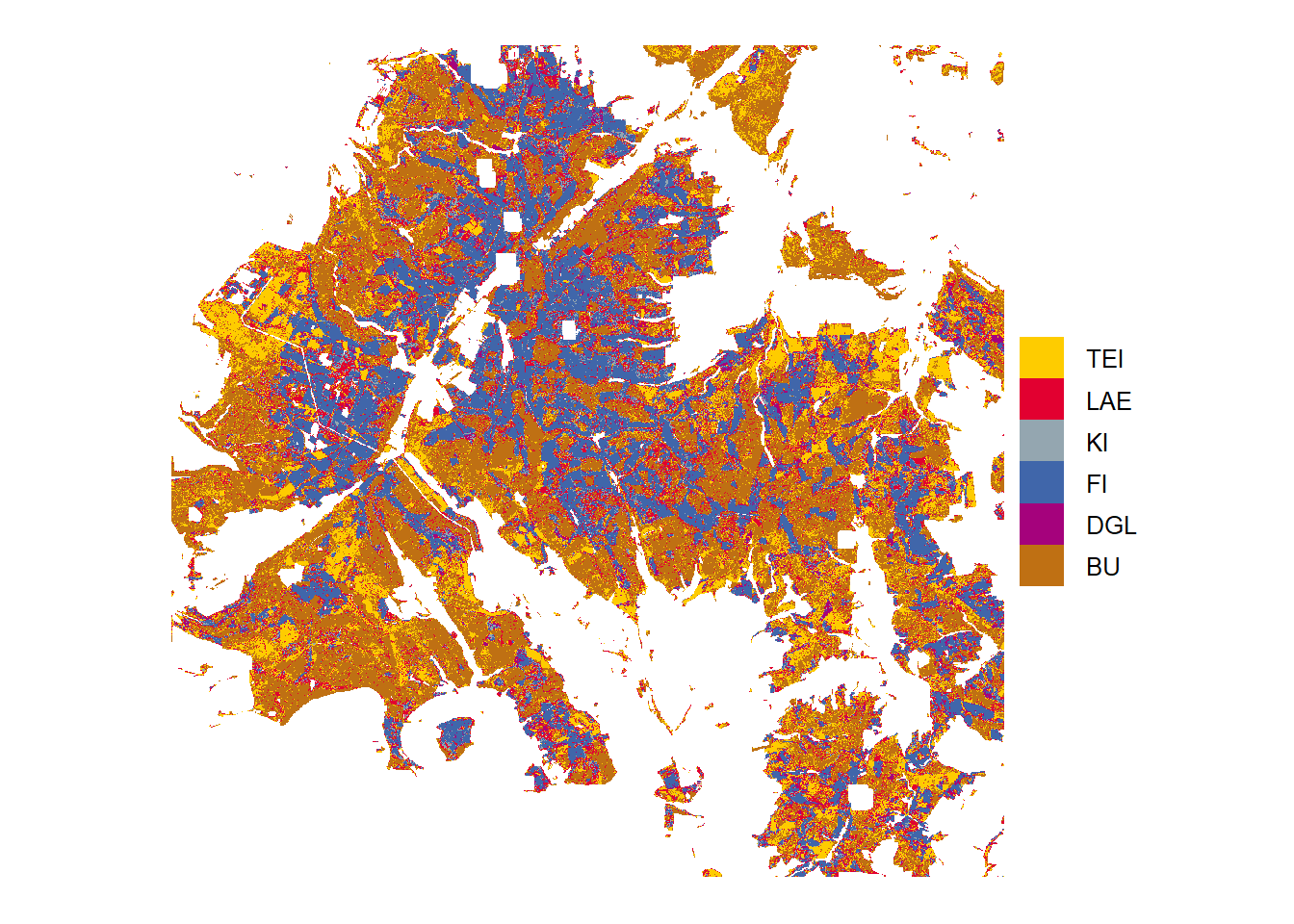 Tree species predictions from highest probabilities in the study area Solling