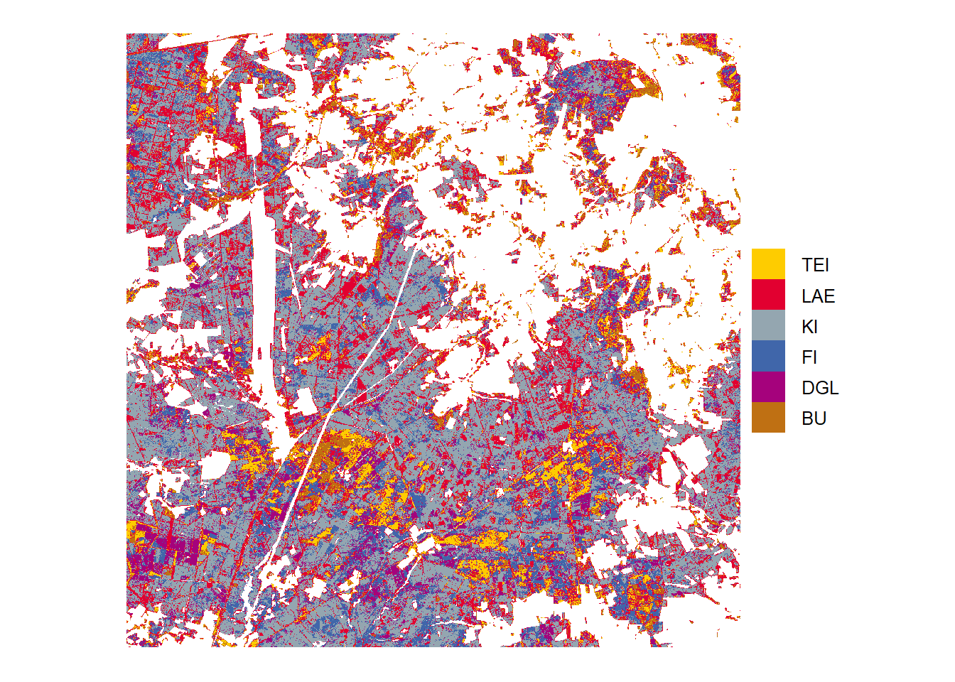 Tree species predictions from highest probabilities in the study area Heide