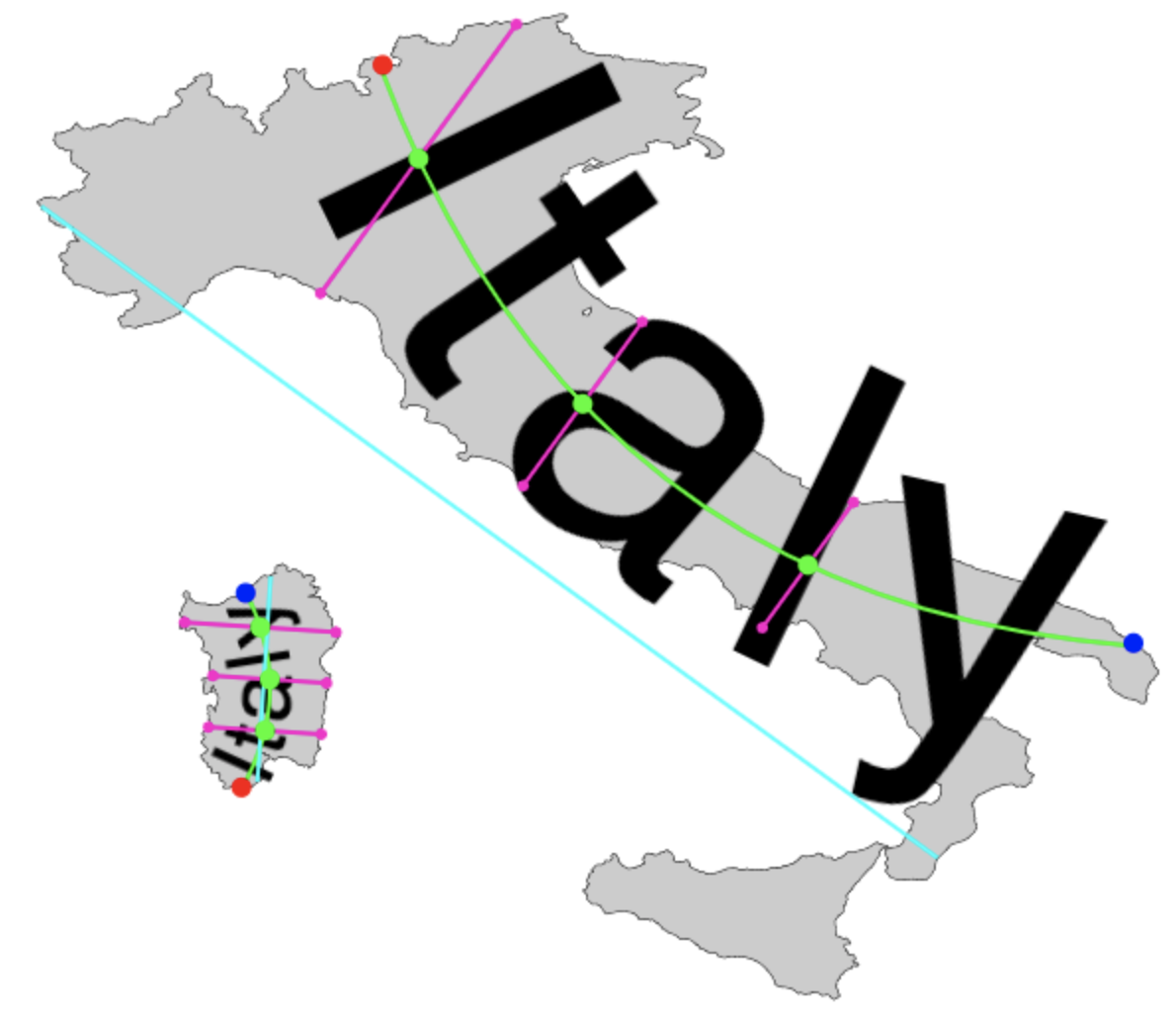 Italy labelled using region-labels algorithm, with debug lines
