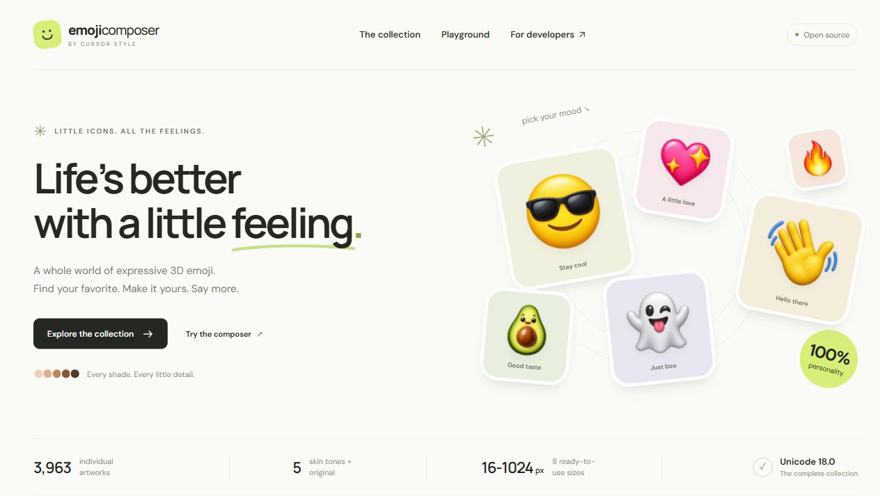 Emoji Composer by Cursor Style - Life’s better with a little feeling. Original 3D emoji in a warm ivory and lime catalog.