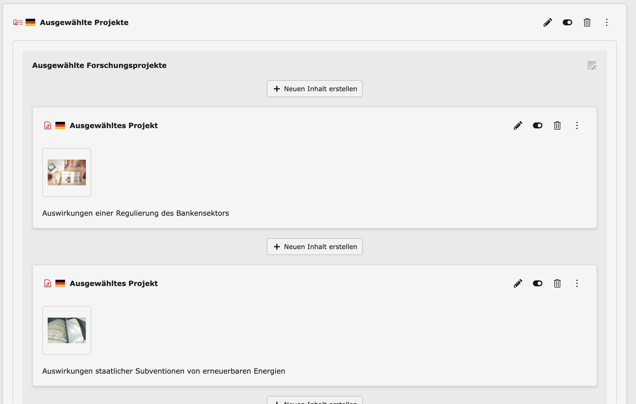 Backend-Konfiguration des Containers Ausgewählte Projekte