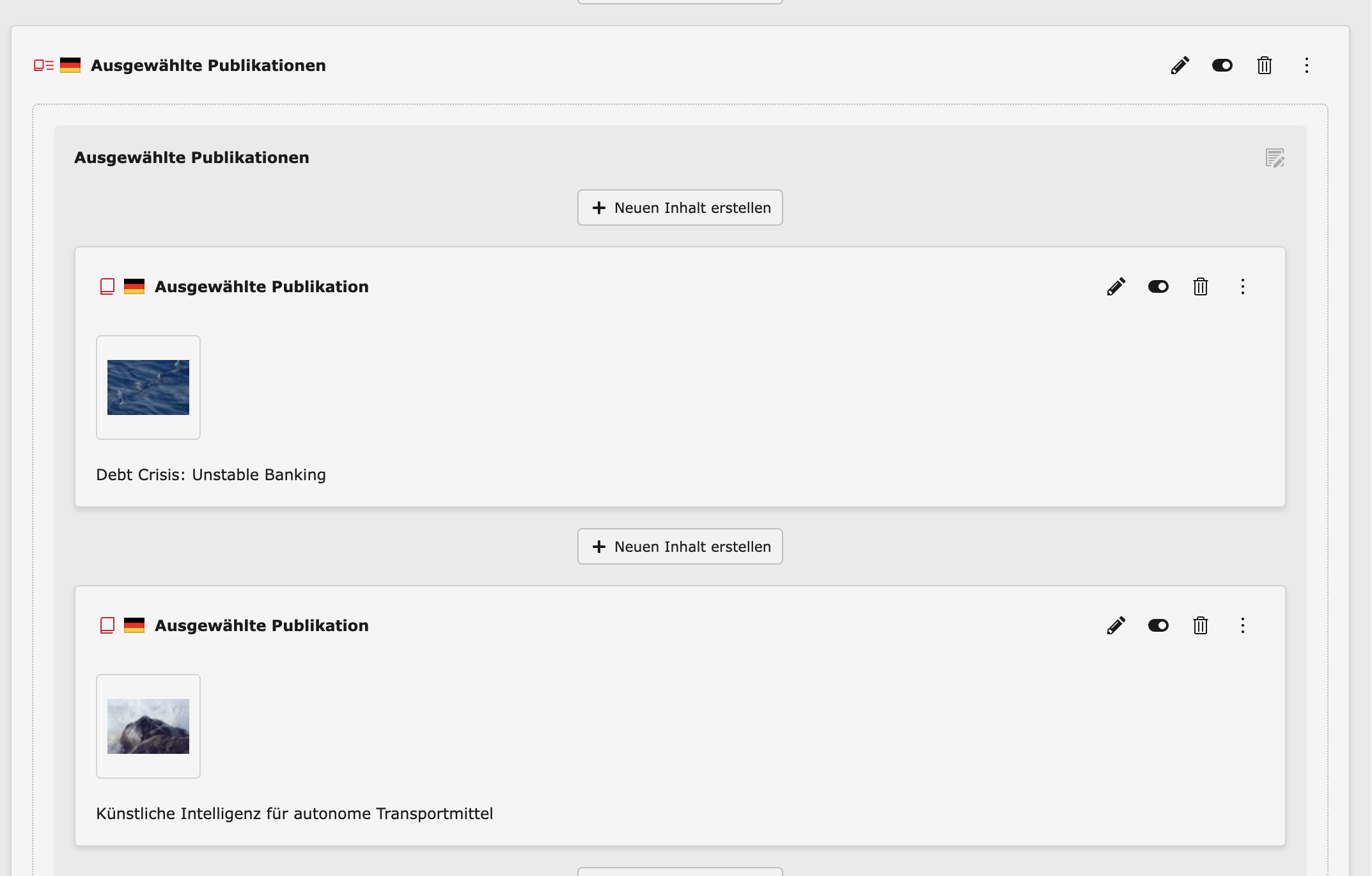 Backend-Konfiguration des Containers Ausgewählte Publikationen