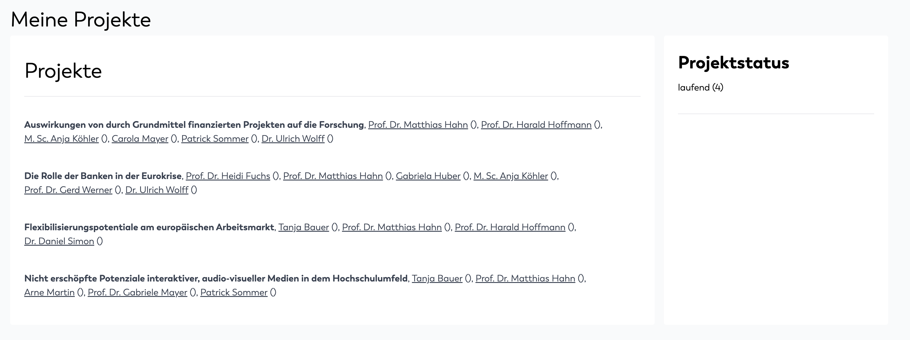 Frontendansicht Projekte der Person