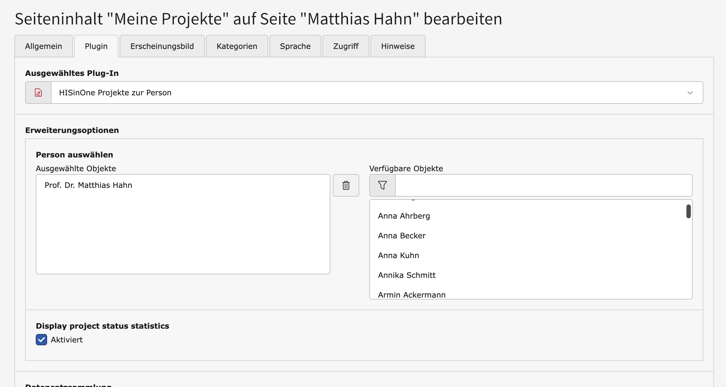 Backend-Konfiguration Projekte der Person
