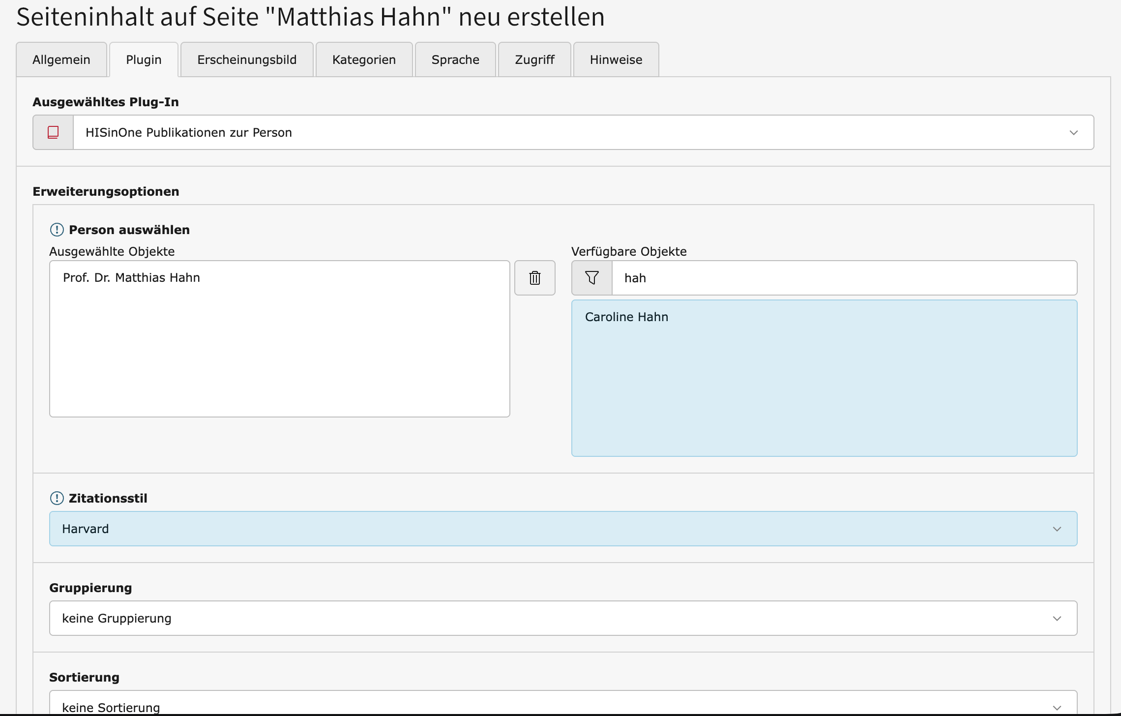 Backend-Konfiguration Publikationen der Person