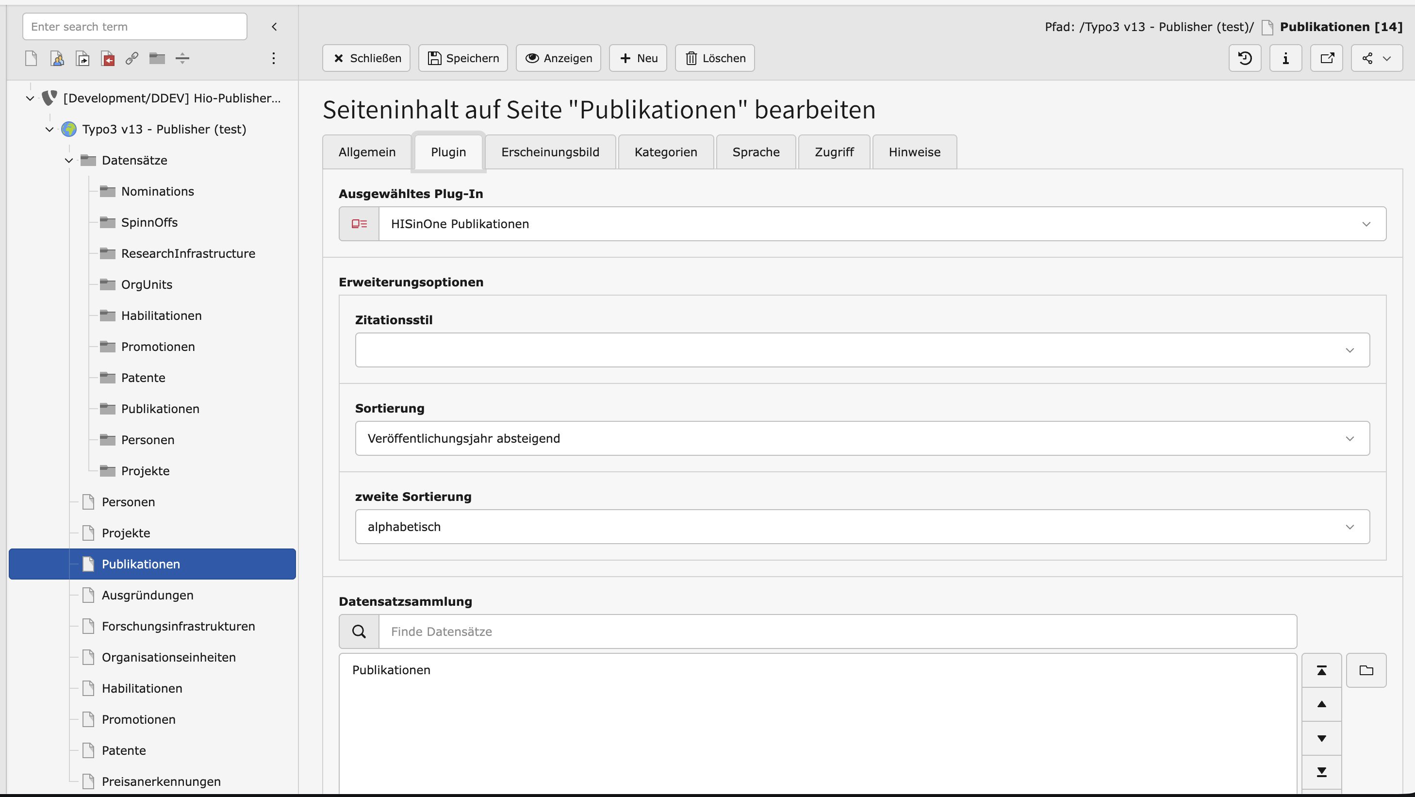 Backend-Konfiguration der Publikationsliste