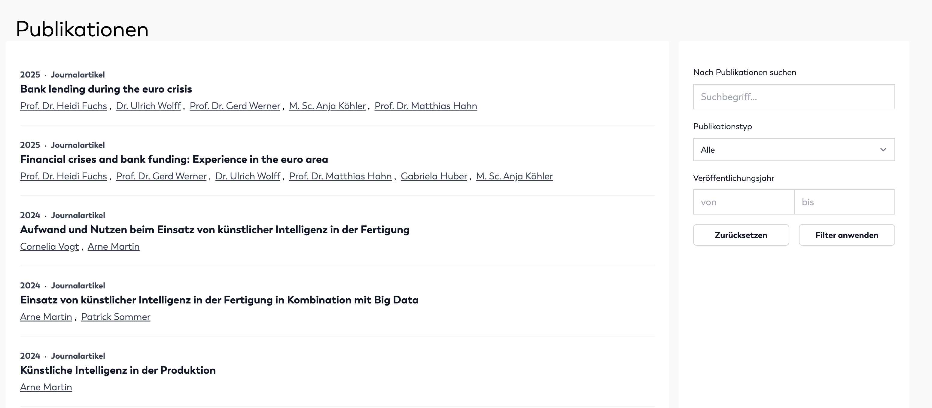 Frontendansicht der Publikationsliste