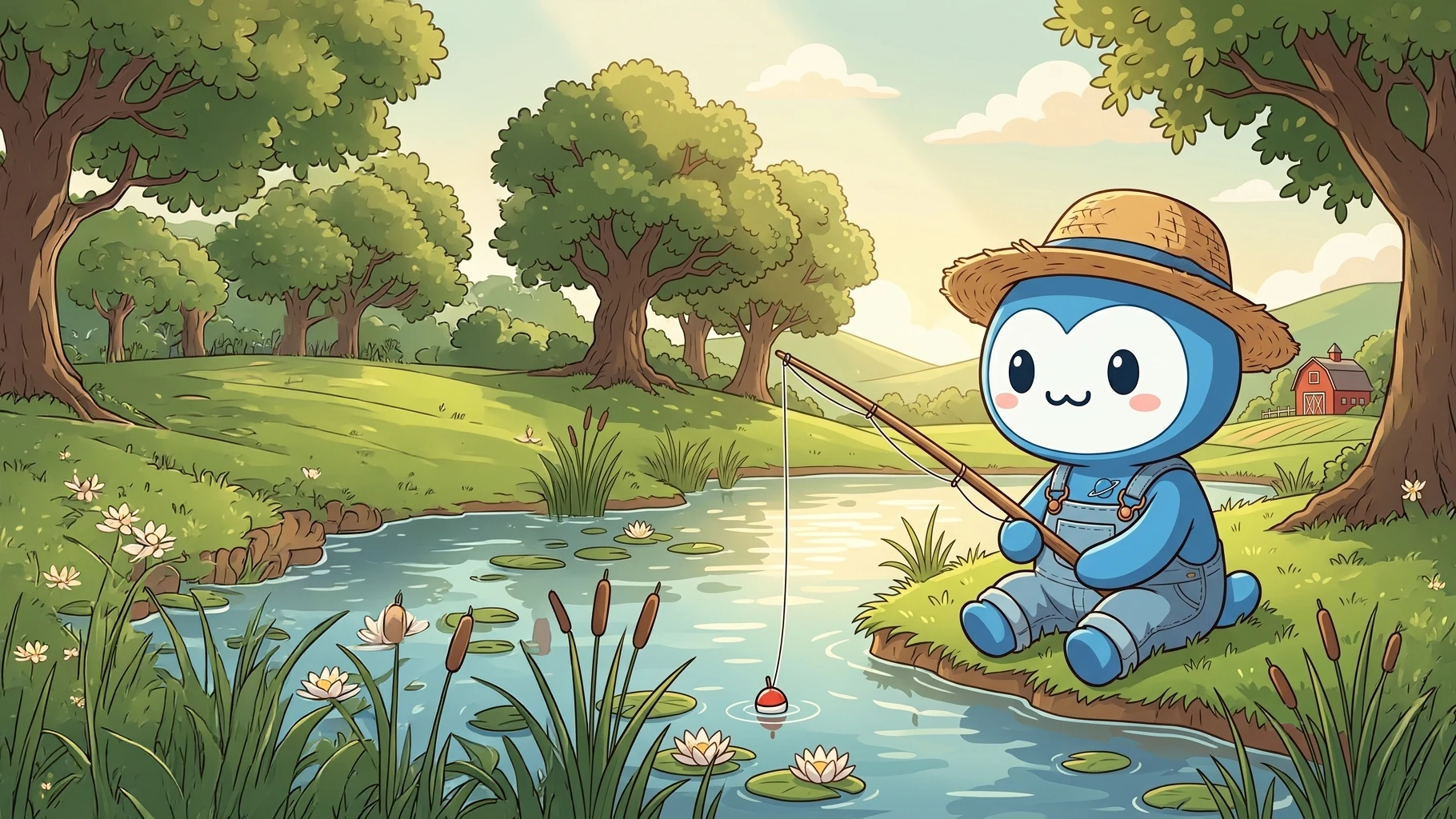 Nova, a blue alien, fishing in the countryside at a pond.
