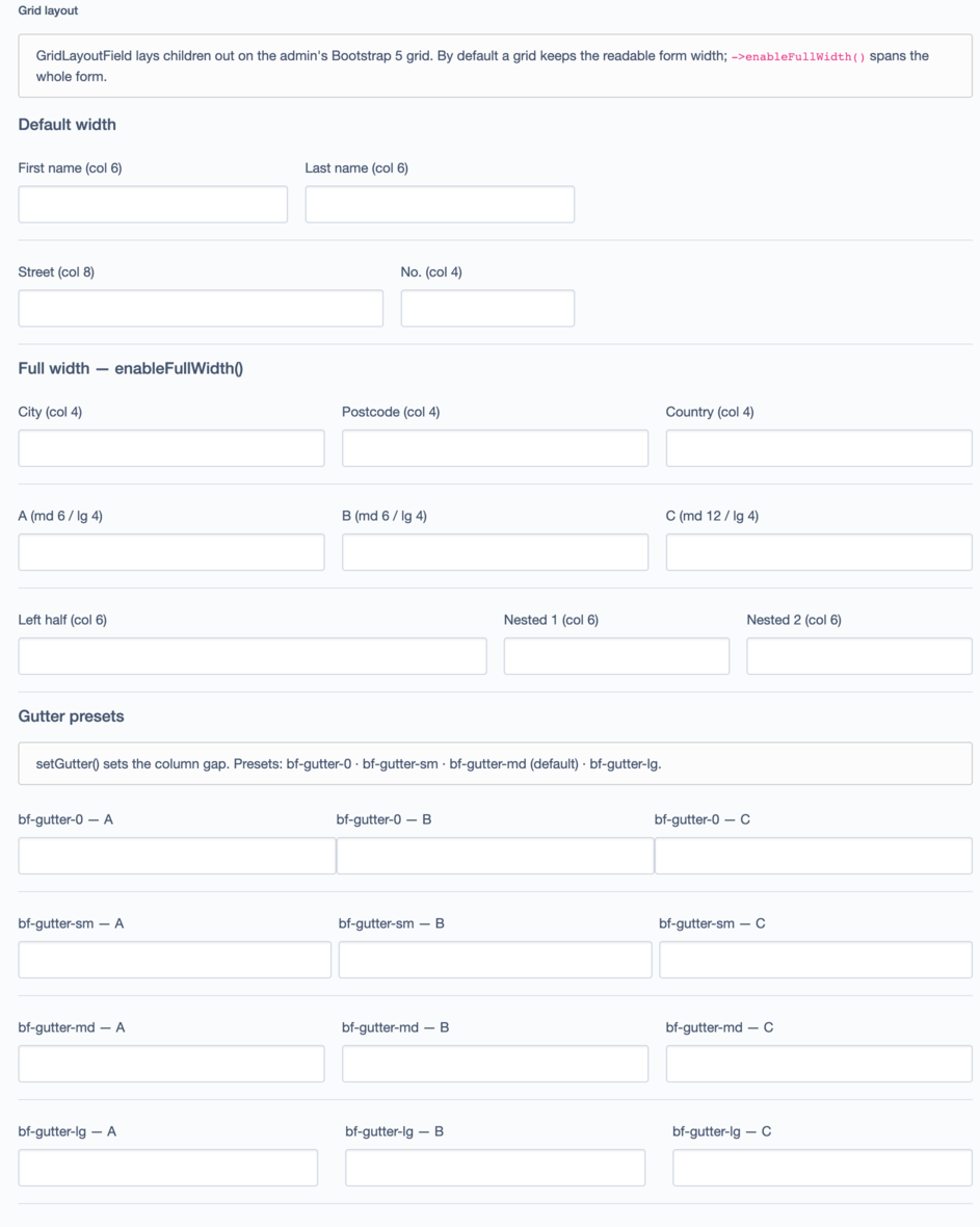 Grid layout: responsive columns, per-breakpoint spans, full-width break-out and gutter presets
