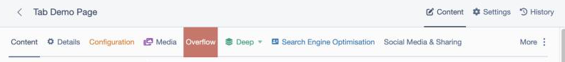 A CMS tab bar with per-tab icons and colours, an overflow "More" menu, and a tab group turned into a dropdown