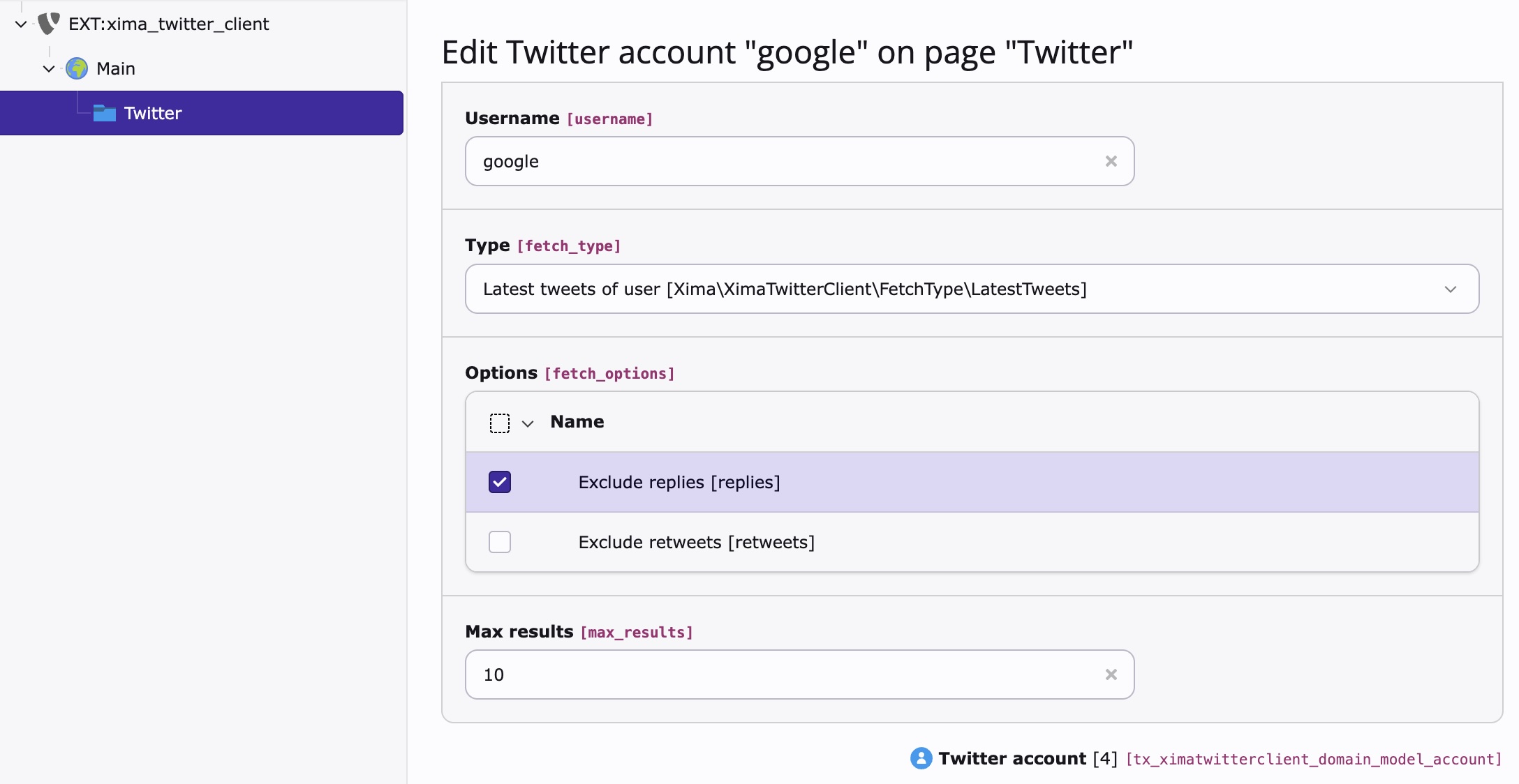 Backend account form
